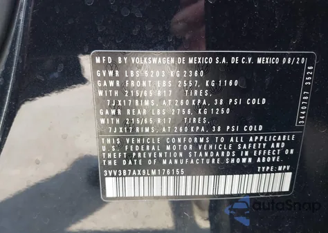 2020 Volkswagen Tiguan 2.0T Se/2.0T Se R-Line Black/2.0T Sel из США, поврежденный, VIN 3VV3B7AX9LM176155